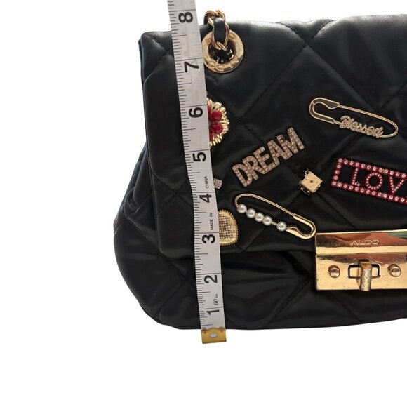 Aldo Black Quilted Chain Strap Shoulder Bag W/ GoldTone Accent & Decorative Pins - Picture 10 of 16